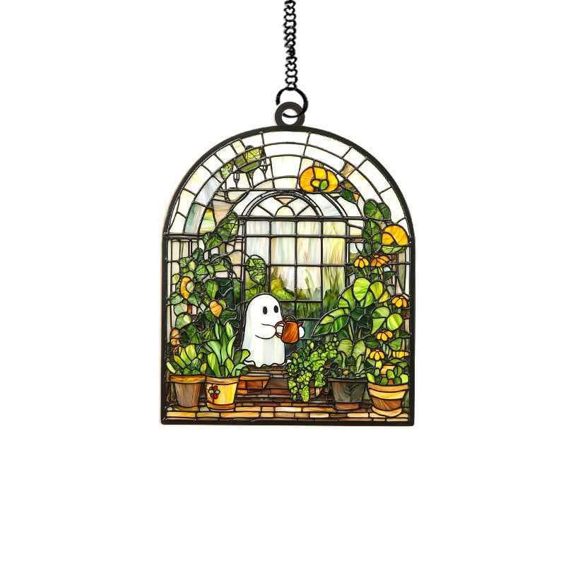 Cute Ghost at Greenhouse Halloween Suncatcher, Cute Ghost Window Hanging Decor