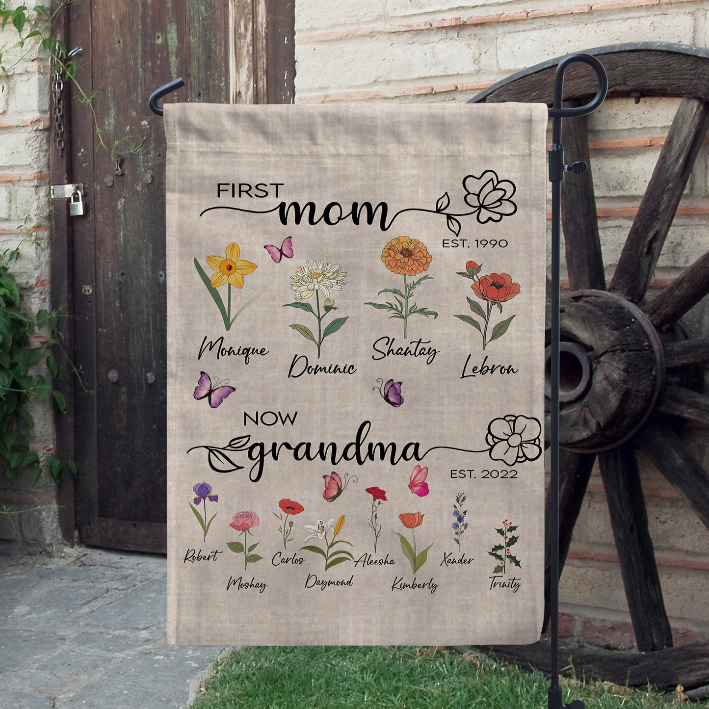 First Mom Now Grandma Birth Month Flowers - Personalized Flag