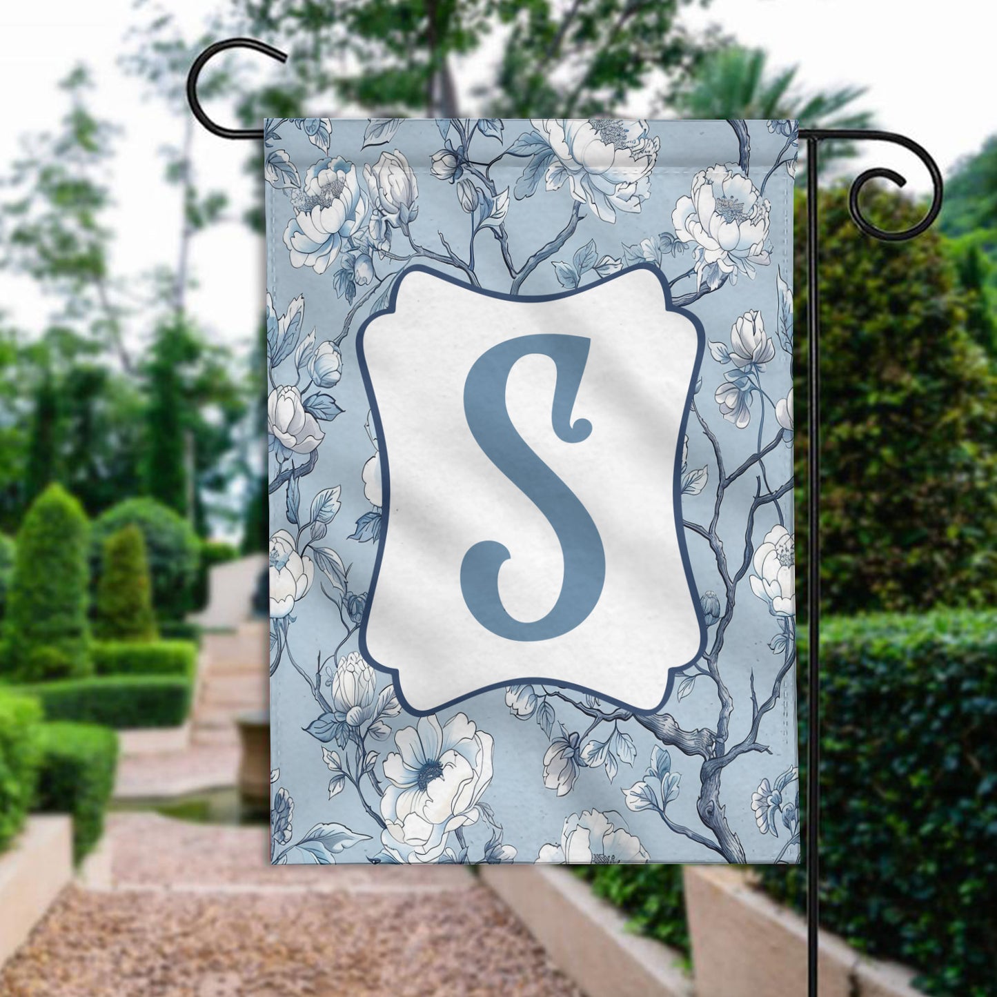 Chinoiserie Monogram Floral Welcome - Personalized Flag