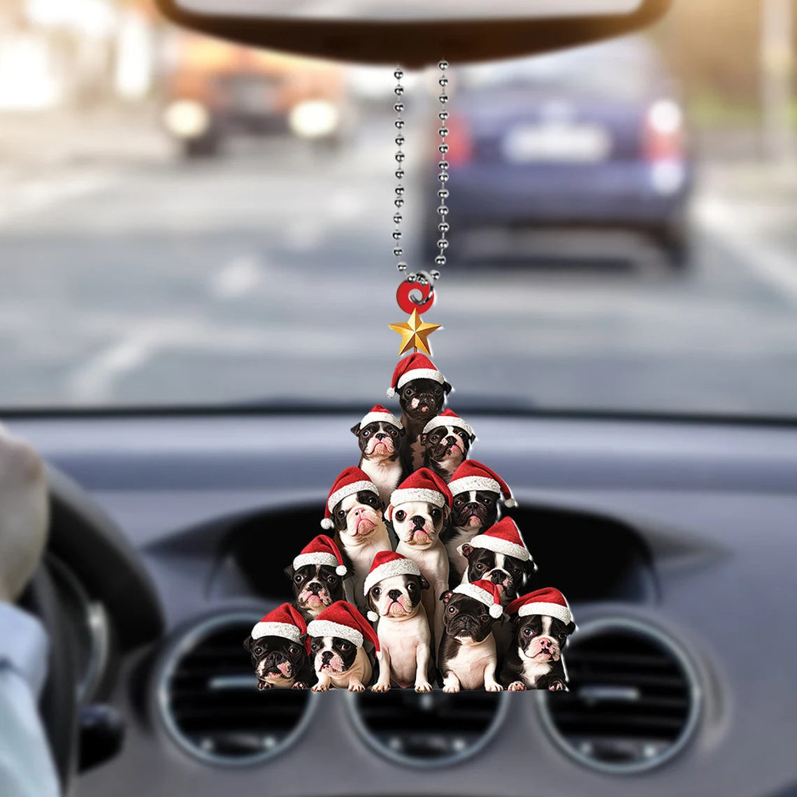 Boston Terrier Dog Christmas Tree Ornament, Boston Terrier Dog Rearview Mirror Car Ornament