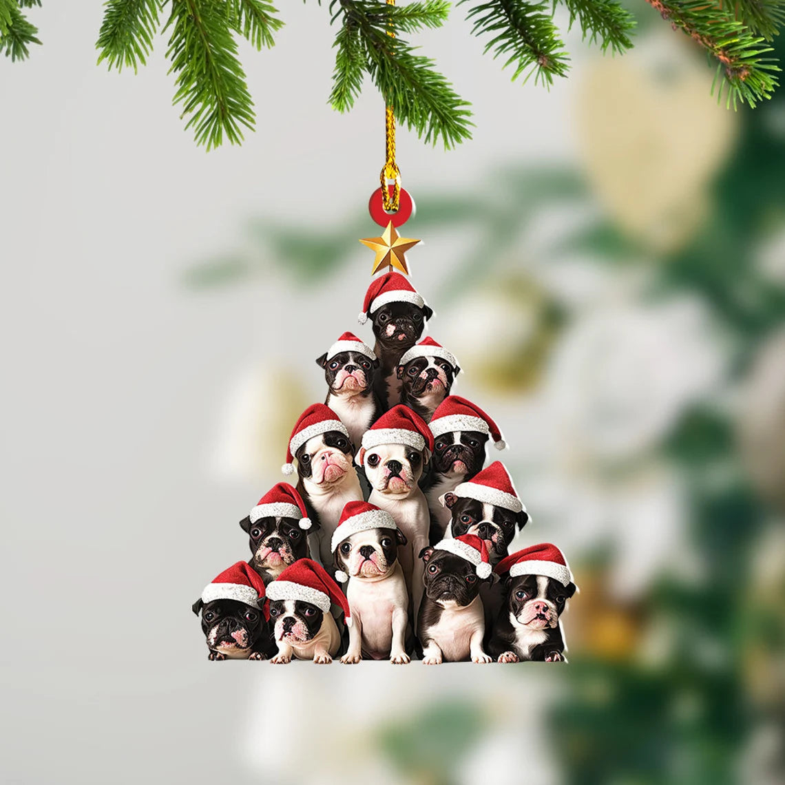 Boston Terrier Dog Christmas Tree Ornament, Boston Terrier Dog Rearview Mirror Car Ornament