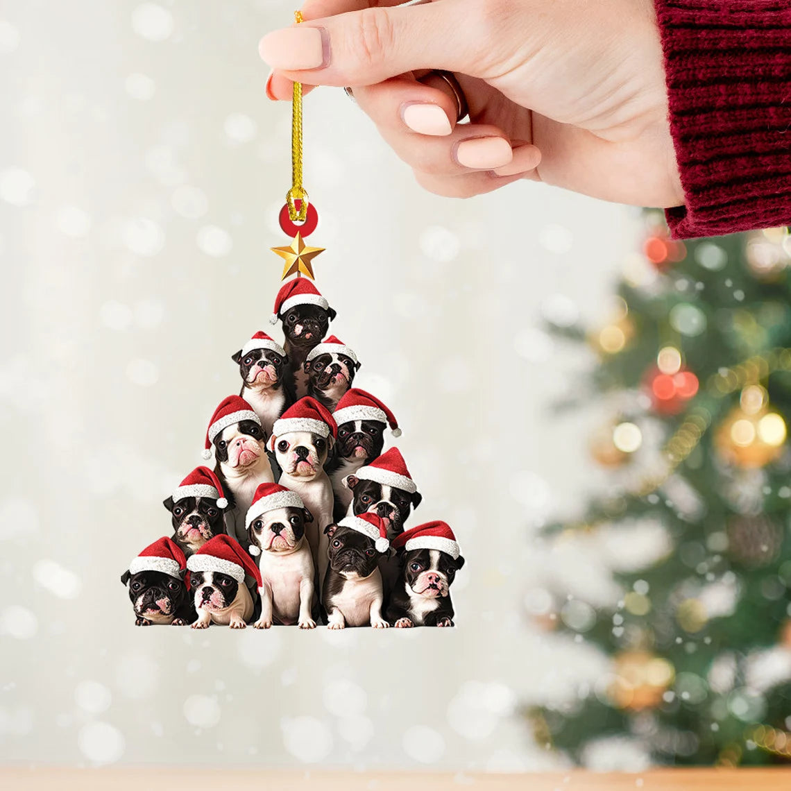 Boston Terrier Dog Christmas Tree Ornament, Boston Terrier Dog Rearview Mirror Car Ornament