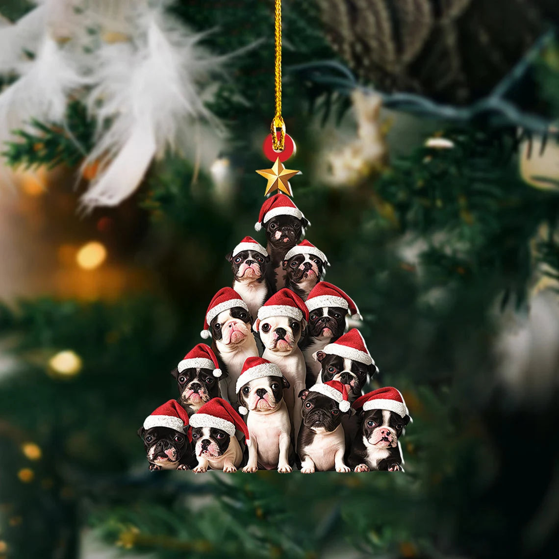 Boston Terrier Dog Christmas Tree Ornament, Boston Terrier Dog Rearview Mirror Car Ornament