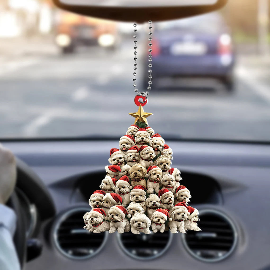 Maltese Dog Christmas Tree Ornament, Maltese Dog Rearview Mirror Car Ornament Decor